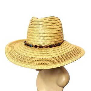 Straw Hat Vintage Inspired Fedora with Stone Beaded  Trim Band NWT